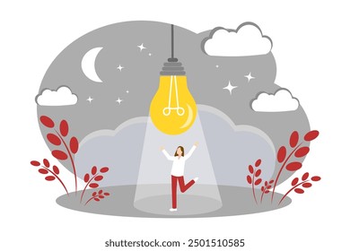 A woman and a light bulb. Good idea. Concept of solving the problem