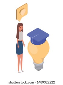 woman with light bulb and graduation hat on white background