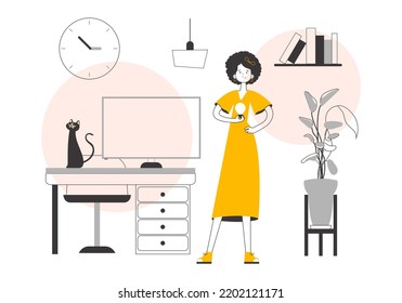 Woman and light bulb. Idea concept. Vector illustration. Line art style.