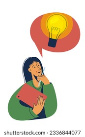 Woman with a light bulb over his head. Creative person with tablet in hands thinking at work. New idea, creativity.