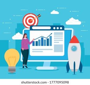 woman with light bulb rocket and computer design, Start up plan idea strategy and marketing theme Vector illustration