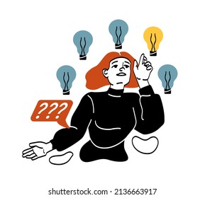 Woman with light bulbs. Young girl chooses one of several ideas. Creative personality and brainstorming. Illumination and talent. Character chooses best path. Cartoon flat vector illustration