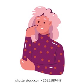 Mulher com cabelo encaracolado rosa claro tocando sua bochecha e sorrindo em uma pose pensativa. Desenho animado vetor ilustração de menina para projetos criativos, educação, sites ou uso de escritório.