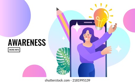 Woman with lightbulb ideas. Creative soutions, Idea, development, brainstorming, creativity, project and research. education flat design for mobile. 