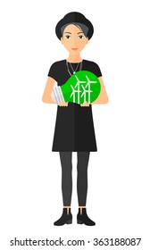 Woman with lightbulb and windmills inside.