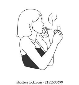 Una mujer enciende un cigarrillo usando un fósforo. caricatura de arte en línea