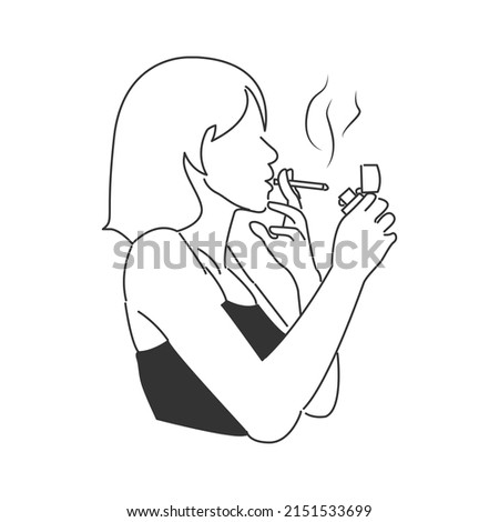 A woman is lighting a cigarette using a match. line art cartoon
