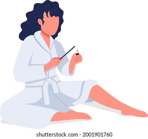 Woman lighting stick for aromatherapy semi flat color vector character. Sitting figure. Full body person on white. Home rest isolated modern cartoon style illustration for graphic design and animation