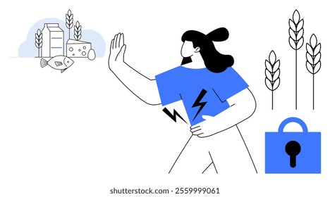 Woman with lightning bolts on her shirt holds her hand up to reject food allergens like milk fish and cheese. Icons of secure food and wheat ears surround her. Ideal for dietary awareness food