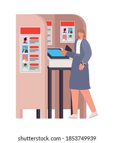 woman with ligth brown hair and purple suit in a voting booth vector illustration design