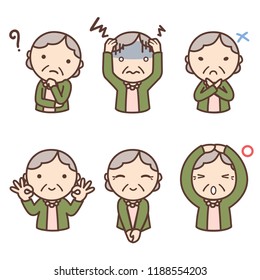 Woman like a grandmother with 6 emotion confuse, careworn, No, OK, welcome and Yes. This can use for website, blog, book.