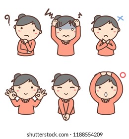 Woman like a mother with 6 emotion confuse, careworn, No, OK, welcome and Yes. This can use for website, blog, book.