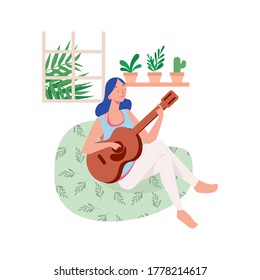 A woman like play guitar to sing a song on break time in the home. She play beautifully while sit on her beanbag with some plant on around her room. Vector illustration of woman activity