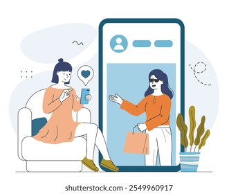 Woman like post in social media. Young girl with smartphone likes pictures and photos in social networks. Fun and entertainment. Linear vector illustration isolated on white background