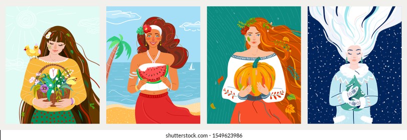 Woman like season spring, summer, autumn, winter. Beauty flat happy female character hold in her hands something. Seasonal nature symbol design illustration.