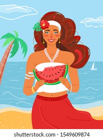 Woman like summer season. Beauty summertime flat happy female character hold in her hands bitten slice of watermelon. Seasonal nature symbol flower, palm tree, sea, beach, relax design illustration.