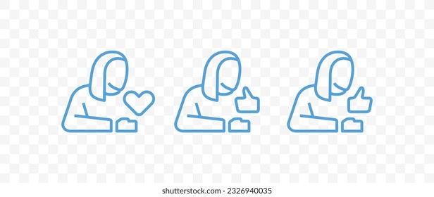 Woman and like or thumb up and heart vector icons collection. Outline person and elements for social network icons set