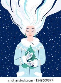 Woman like winter season. Beauty wintertime flat female character hold in her hands fir-tree. Seasonal nature symbol of snowflakes, snow, gloves, spruce, coat design illustration.