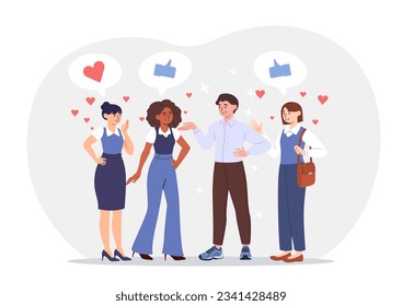 Woman likes man concept. People communicate in social networks and instant messengers. Love and romantic relationships. Group off friends having fun together. Cartoon flat vector illustration