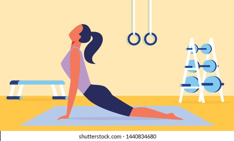 Woman in Lilac T-Shirt Sits Stretching on Gymnastic Mat. Sports Training for Women. Doing Yoga on Gymnastic Carpet. Yellow Background. Vector Illustration. Healthy Lifestyle. Fitness for Women