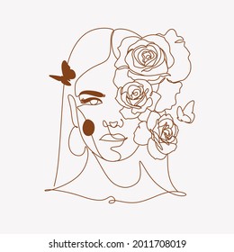 Woman line art beauty logo. Surreal Line art female floral girl. Abstract face with plants by  line drawing. Portrait minimalistic style. Nature symbol of cosmetics. Botanical logo. 
