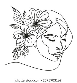 Woman Line Art. Continuous one line drawing Woman face with flowers line. Vector illustration