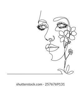 Woman Line Art. Continuous one line drawing Woman face with flowers line. Vector illustration
