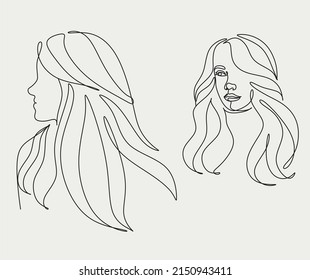 Woman Line Art. Line drawing of girl with long hair. Vector beauty logo for hait halon, spa