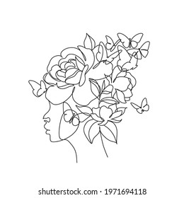 Woman line art flowers. Line art female hands with flowers. Abstract face with plants by one line drawing. Portrait minimalistic style. Botanical print. Nature symbol of cosmetics. 