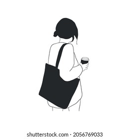 Woman line art. Girl with glass of paper coffee. Coffee to go. Clip art. Hand drawn vector. 