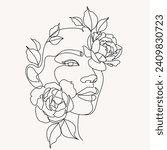 Woman Line Art Minimalist Logo. Nature Organic Cosmetics Makeup. Flower head Feminine Illustration line drawing. Woman face with flowers line