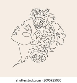 Woman Line Art Minimalist Logo. Nature Organic Cosmetics Makeup. Flower head Feminine Illustration line drawing. Woman face with flowers line