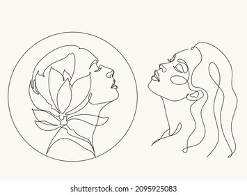 Woman Line Art Minimalist Logo. Nature Organic Cosmetics Makeup. Flower head Feminine Illustration line drawing. Woman face with flowers line