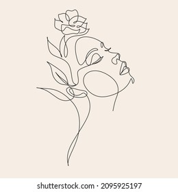 Woman Line Art Minimalist Logo. Nature Organic Cosmetics Makeup. Flower head Feminine Illustration line drawing. Woman face with flowers line - Shutterstock ID 2095925197