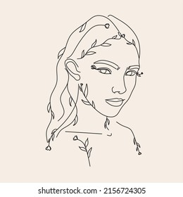 Woman Line Art Minimalist Logo. Nature Organic Cosmetics Makeup. Flower head Feminine Illustration line drawing. Woman face with flowers line