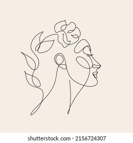 Woman Line Art Minimalist Logo. Nature Organic Cosmetics Makeup. Flower head Feminine Illustration line drawing. Woman face with flowers line