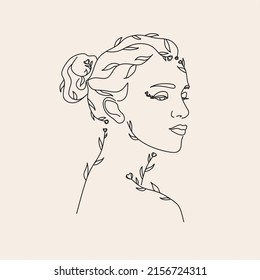 Woman Line Art Minimalist Logo. Nature Organic Cosmetics Makeup. Flower head Feminine Illustration line drawing. Woman face with flowers line