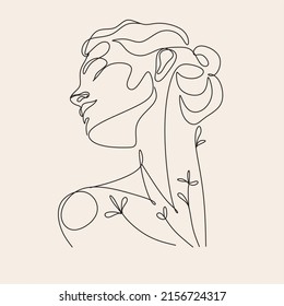 Woman Line Art Minimalist Logo. Nature Organic Cosmetics Makeup. Flower Head Feminine Illustration Line Drawing. Woman Face With Flowers Line