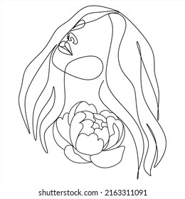 Woman Line Art Minimalist Logo. Nature Organic Cosmetics Makeup. Flower head Feminine Illustration line drawing. Woman face with flowers line