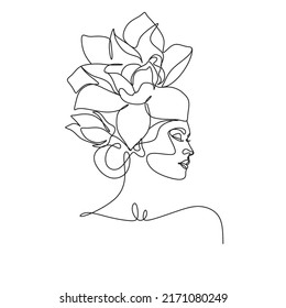 Woman Line Art Minimalist Logo. Nature Organic Cosmetics Makeup. Flower head Feminine Illustration line drawing. Woman face with Lotus continuous  line