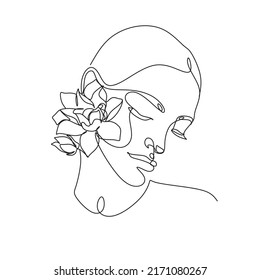 Woman Line Art Minimalist Logo. Nature Organic Cosmetics Makeup. Flower head Feminine Illustration line drawing. Woman face with Lotus continuous  line