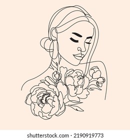 Woman Line Art Minimalist Logo. Nature Organic Cosmetics Makeup. Flower Head Feminine Illustration Line Drawing. Woman Face With Peony Flowers Line