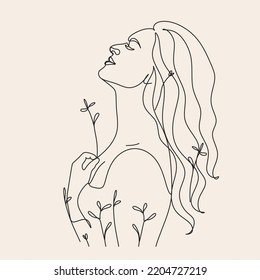 Woman Line Art Minimalist Logo. Nature Organic Cosmetics Makeup. Flower head Feminine Illustration line drawing. Woman face with flowers line