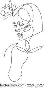Woman line art minimalist logo. Nature organic cosmetics makeup. Flower head feminine illustration line drawing. Woman face with flowers line.