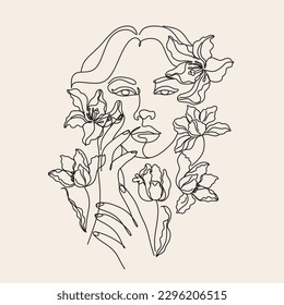 Woman Line Art Minimalist Logo. Nature Organic Cosmetics Makeup. Flower head Feminine Illustration line drawing. Woman face with Tulips line