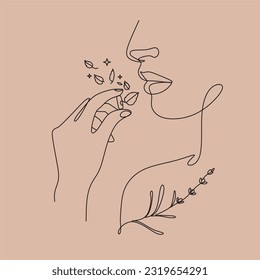 Woman Line Art Minimalist Logo. Nature Organic capsule tablet with mint and lavender in female hands. Flower head Feminine line drawing. Woman face with nature herbal medicine. Medical care tablet