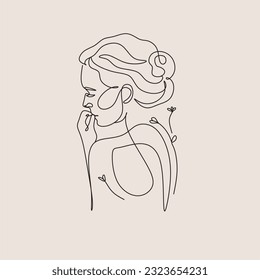 Woman Line Art Minimalist Logo. Nature Organic Cosmetics Makeup. Flower head Feminine Illustration line drawing. Woman face with flowers line