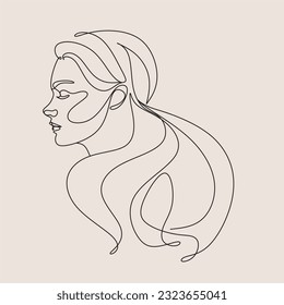 Woman Line Art Minimalist Logo. Nature Organic Cosmetics Makeup. Flower head Feminine Illustration line drawing. Woman face with flowers line