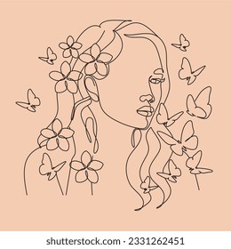 Woman Line Art Minimalist Logo. Nature Organic Cosmetics Makeup. Flower head Feminine Illustration line drawing. Woman face with flowers line
