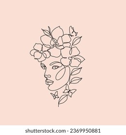 Woman Line Art Minimalist Logo. Nature Organic Cosmetics Makeup. Flower head Feminine Illustration line drawing. Woman face with flowers line